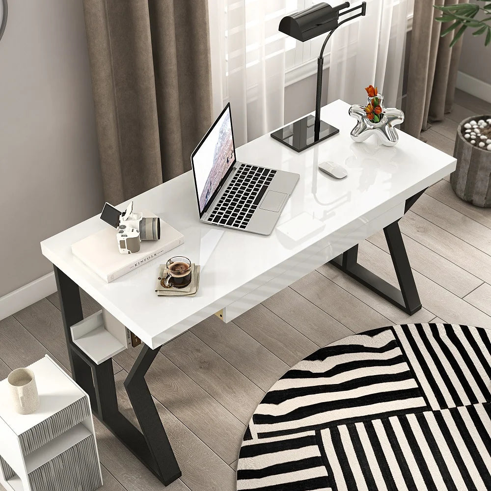 White Writing Desk Wooden Computer Desk with Shelf & Drawer Black Legs