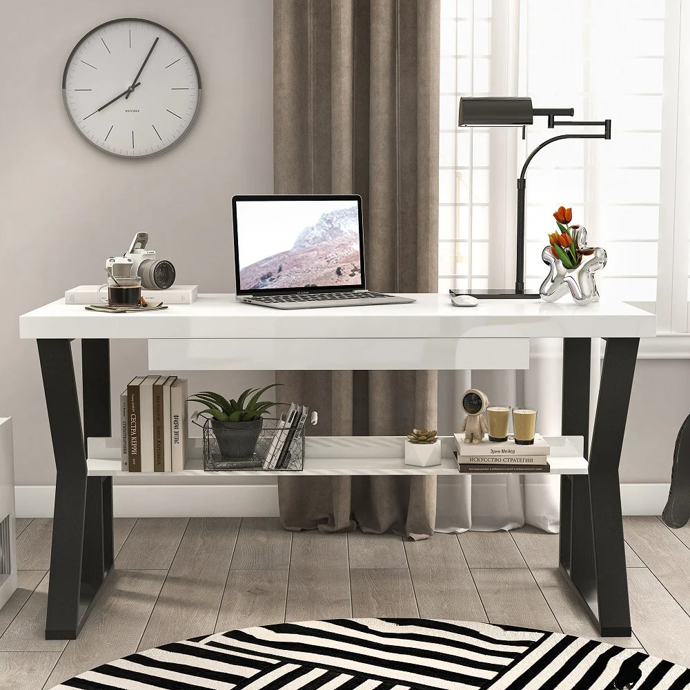 White Writing Desk Wooden Computer Desk with Shelf & Drawer Black Legs