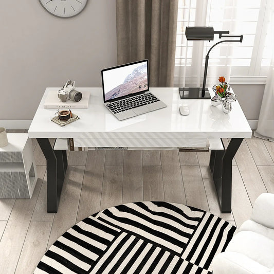 White Writing Desk Wooden Computer Desk with Shelf & Drawer Black Legs