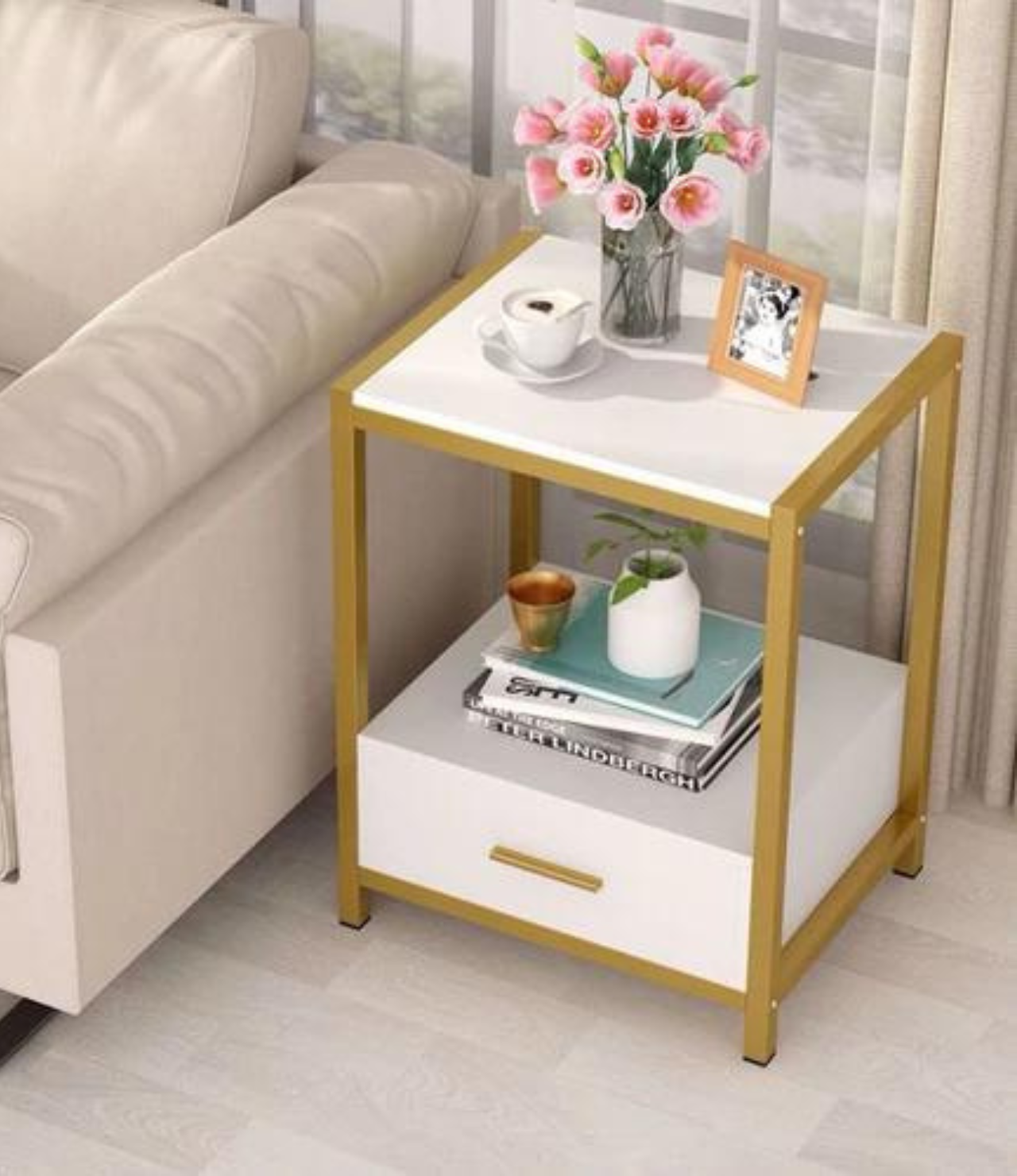 End Table with Drawer and Storage Shelves